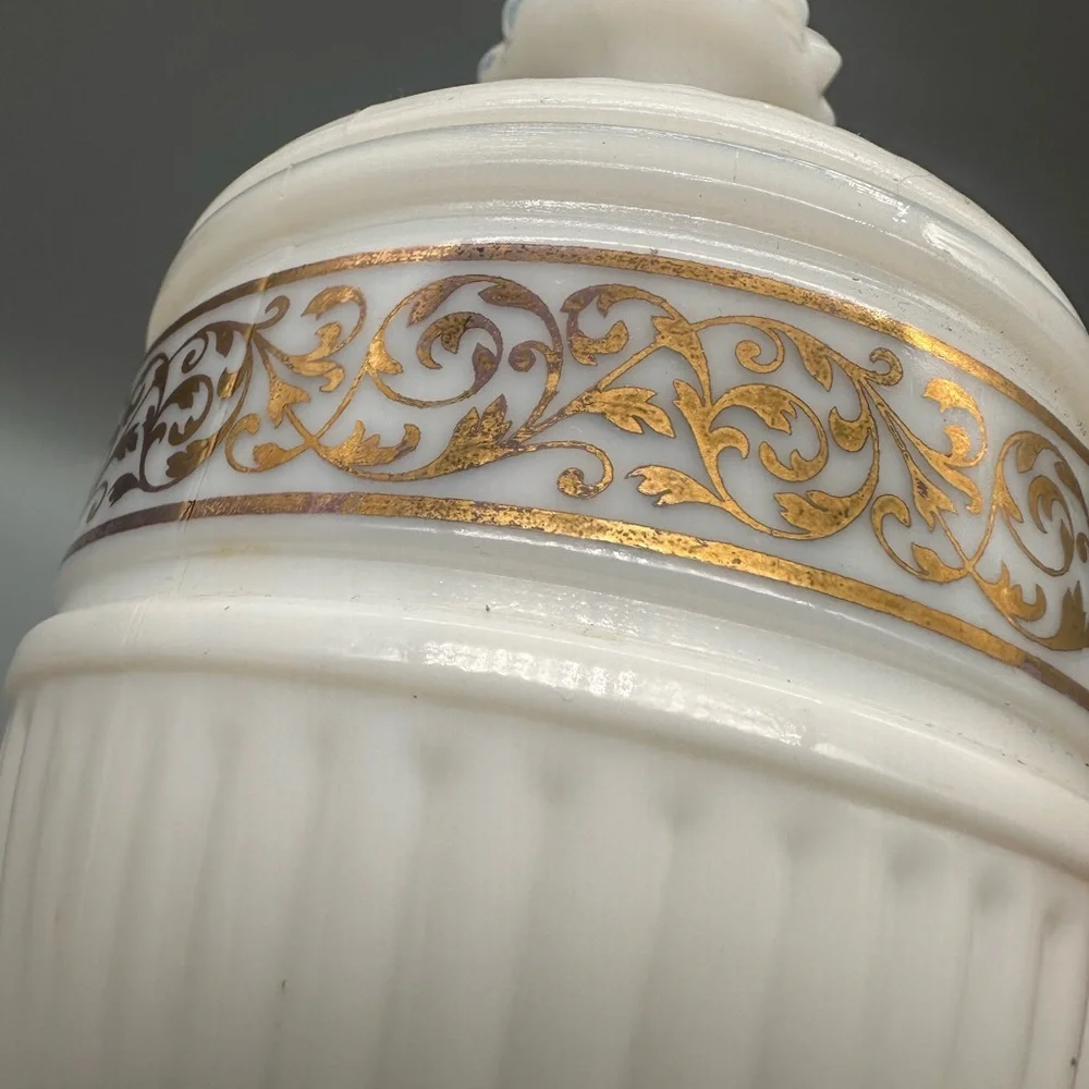 Vintage White milk Glass Decorative Lidded Jar with Gold Scroll Accent